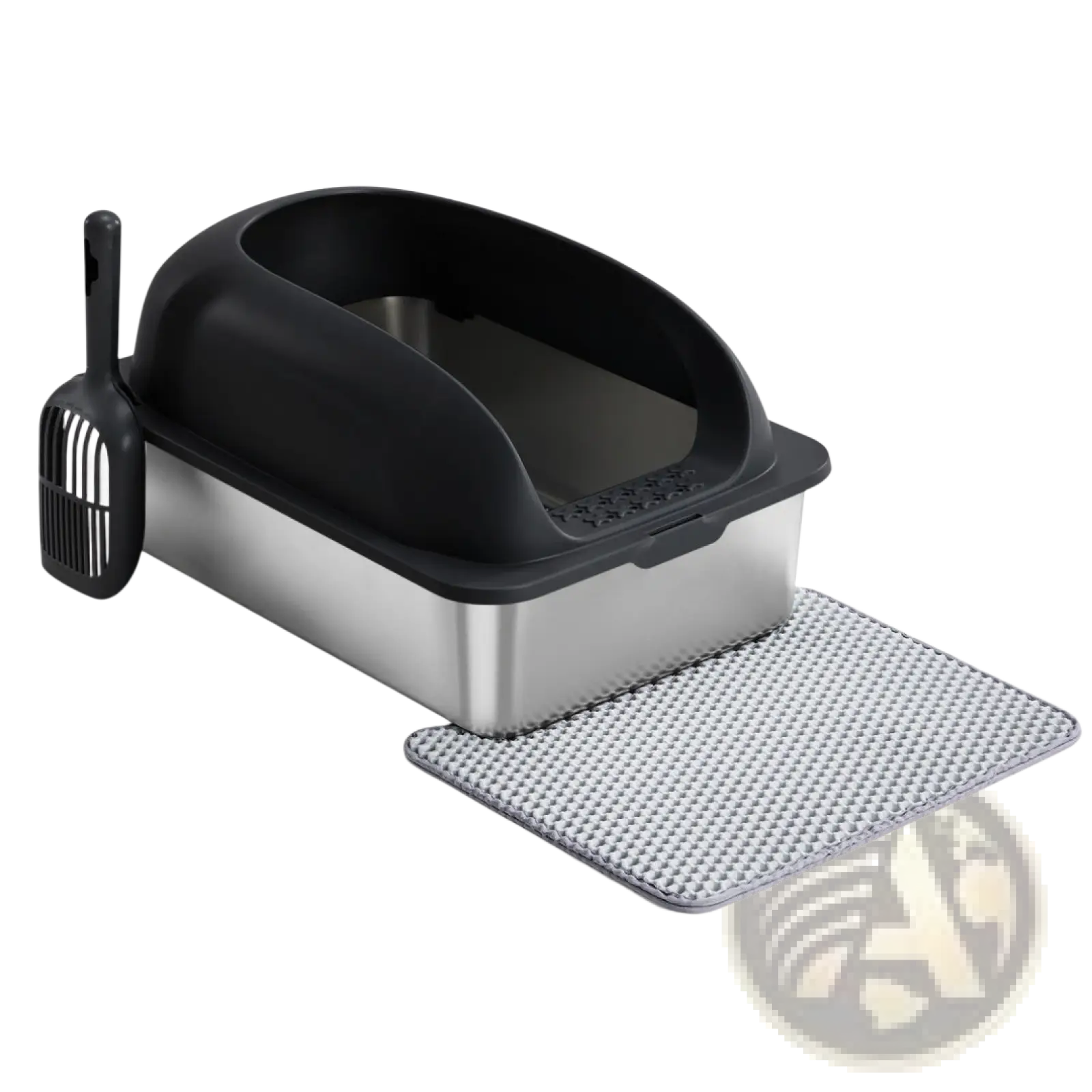 Black and stainless steel covered large cat litter box with matching scoop and textured mat for easy cleaning