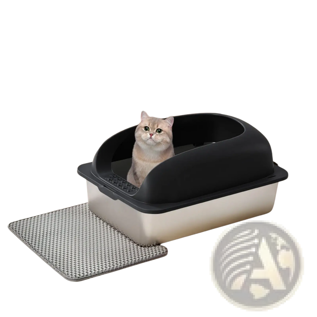 Black and silver two-tone stainless steel covered large cat litter box with a sleek modern design for cats