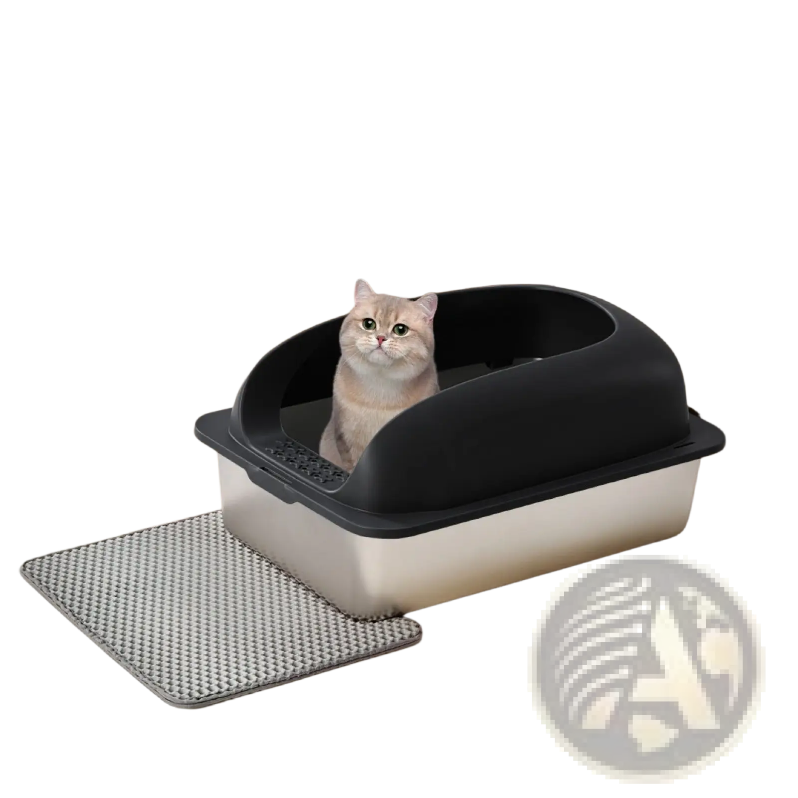 Black and silver two-tone stainless steel covered large cat litter box with a sleek modern design for cats