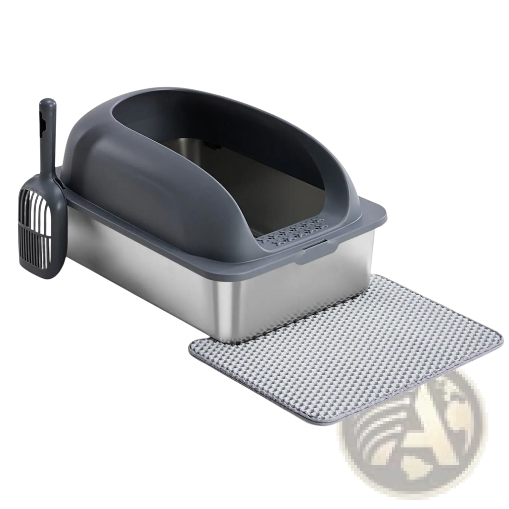Gray and stainless steel covered large cat litter box with matching scoop and mat for easy pet hygiene