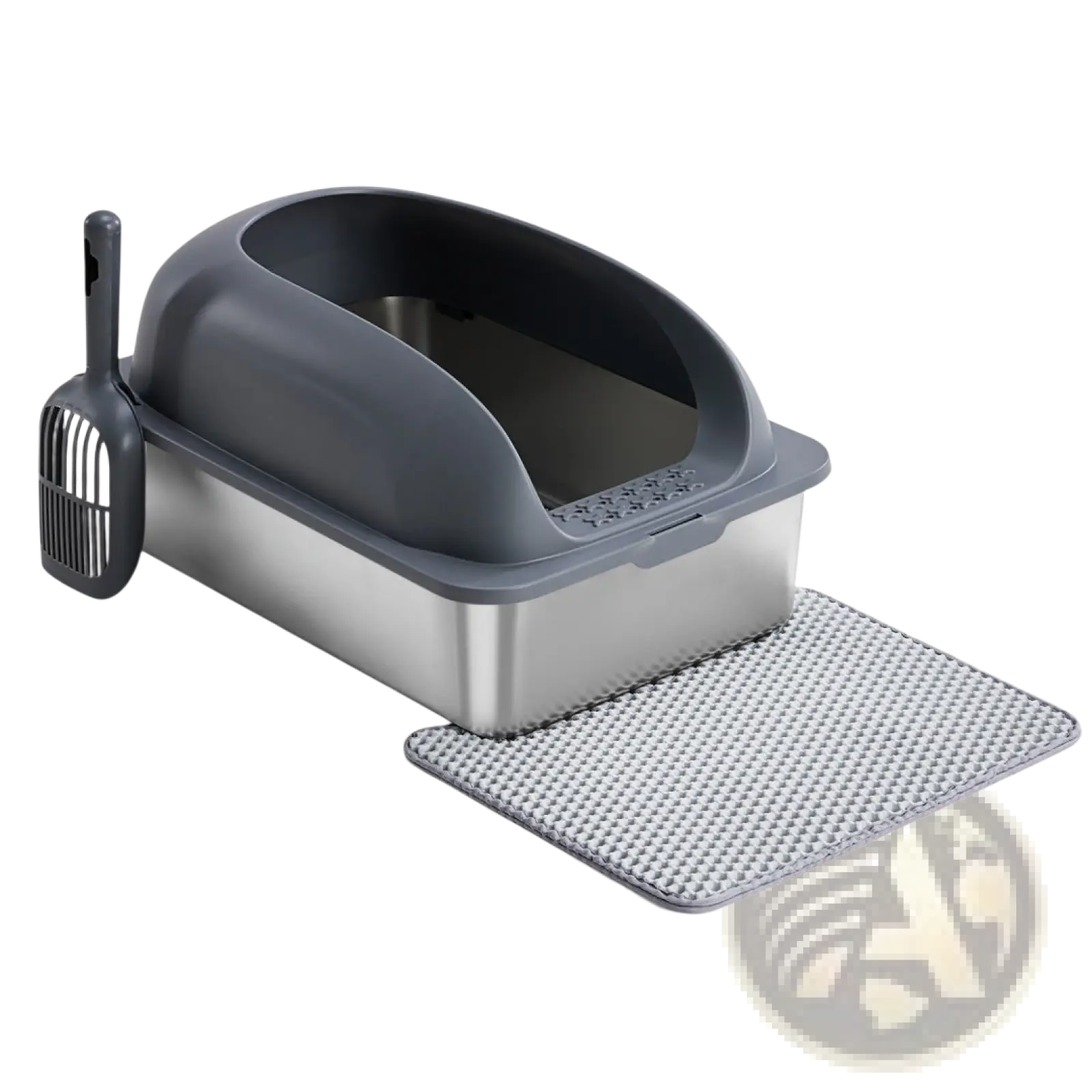 Gray and stainless steel covered large cat litter box with matching scoop and mat for easy pet hygiene