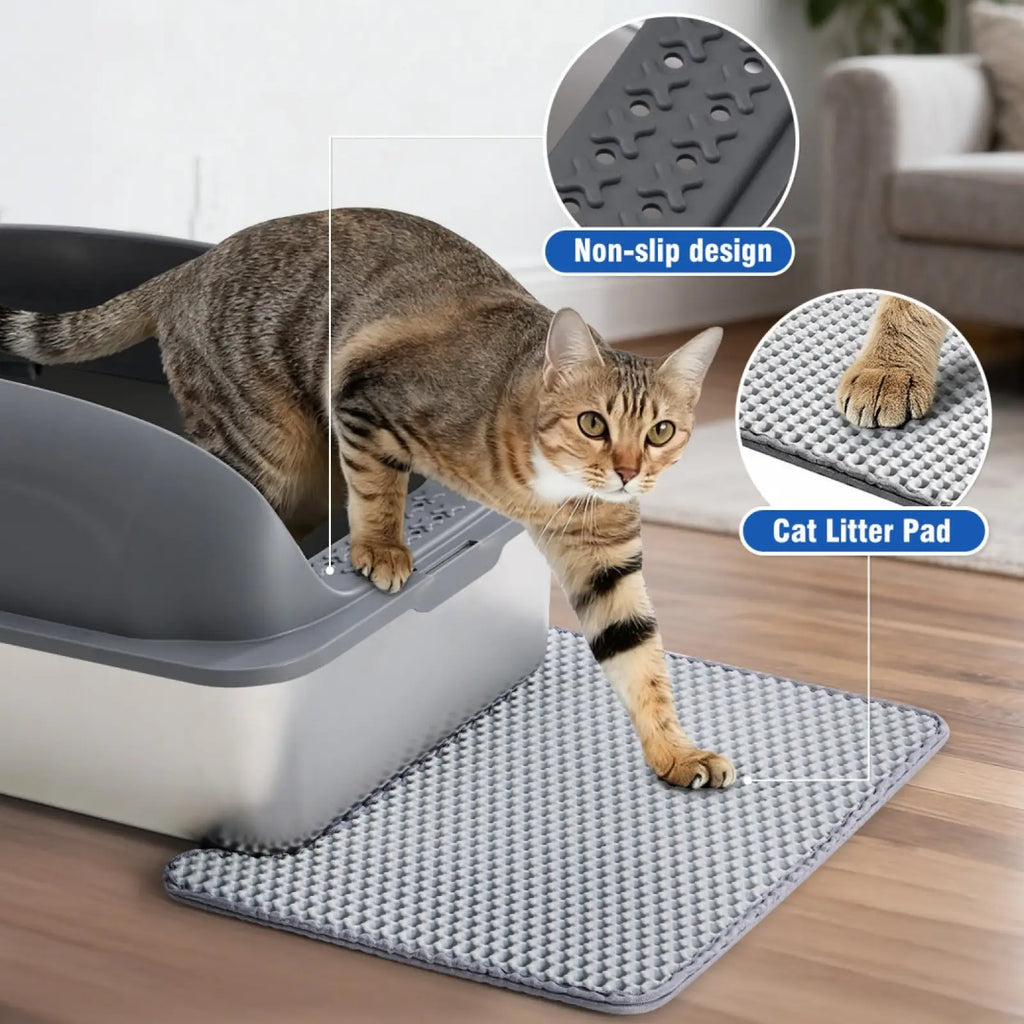 Gray textured cat litter pad with non-slip design for stainless steel covered large cat litter box interior use