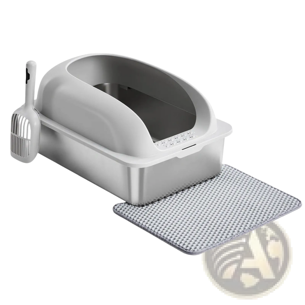 Gray plastic cat litter box with matching scoop and textured mat for stainless steel covered large cat litter box use