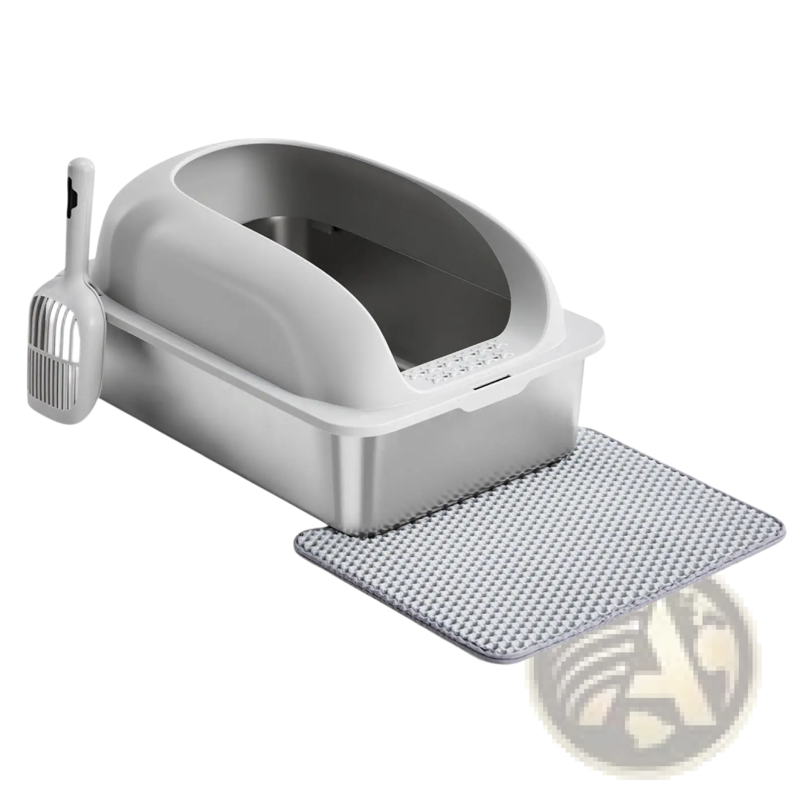 Gray plastic cat litter box with matching scoop and textured mat for stainless steel covered large cat litter box use