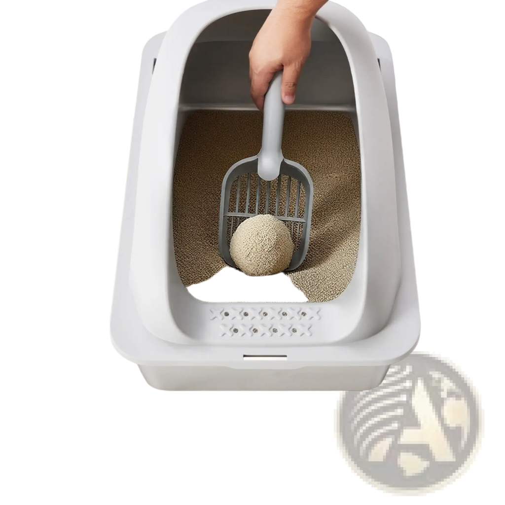 White plastic cat litter box with stainless steel cover gray scoop and beige clumping litter for large cats