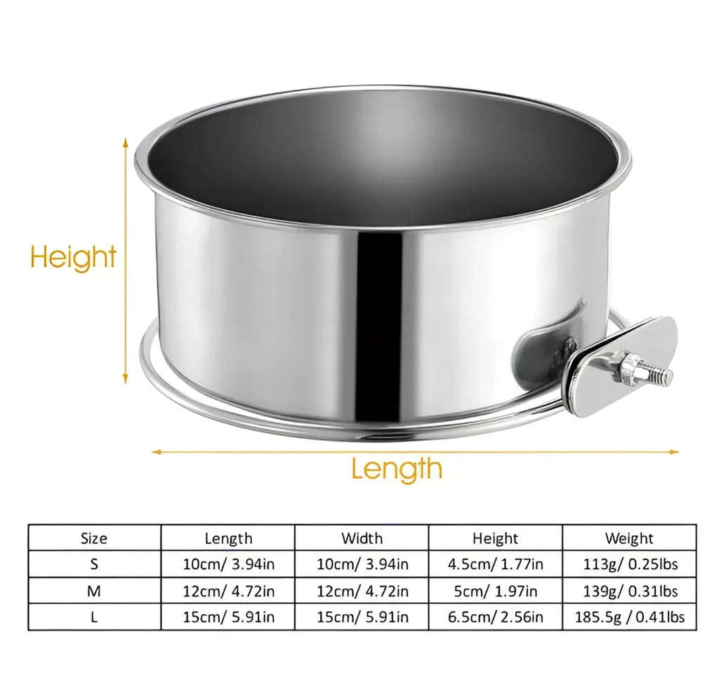Stainless steel crate dog bowl with smooth reflective surface and side-mounted clamping mechanism for hanging