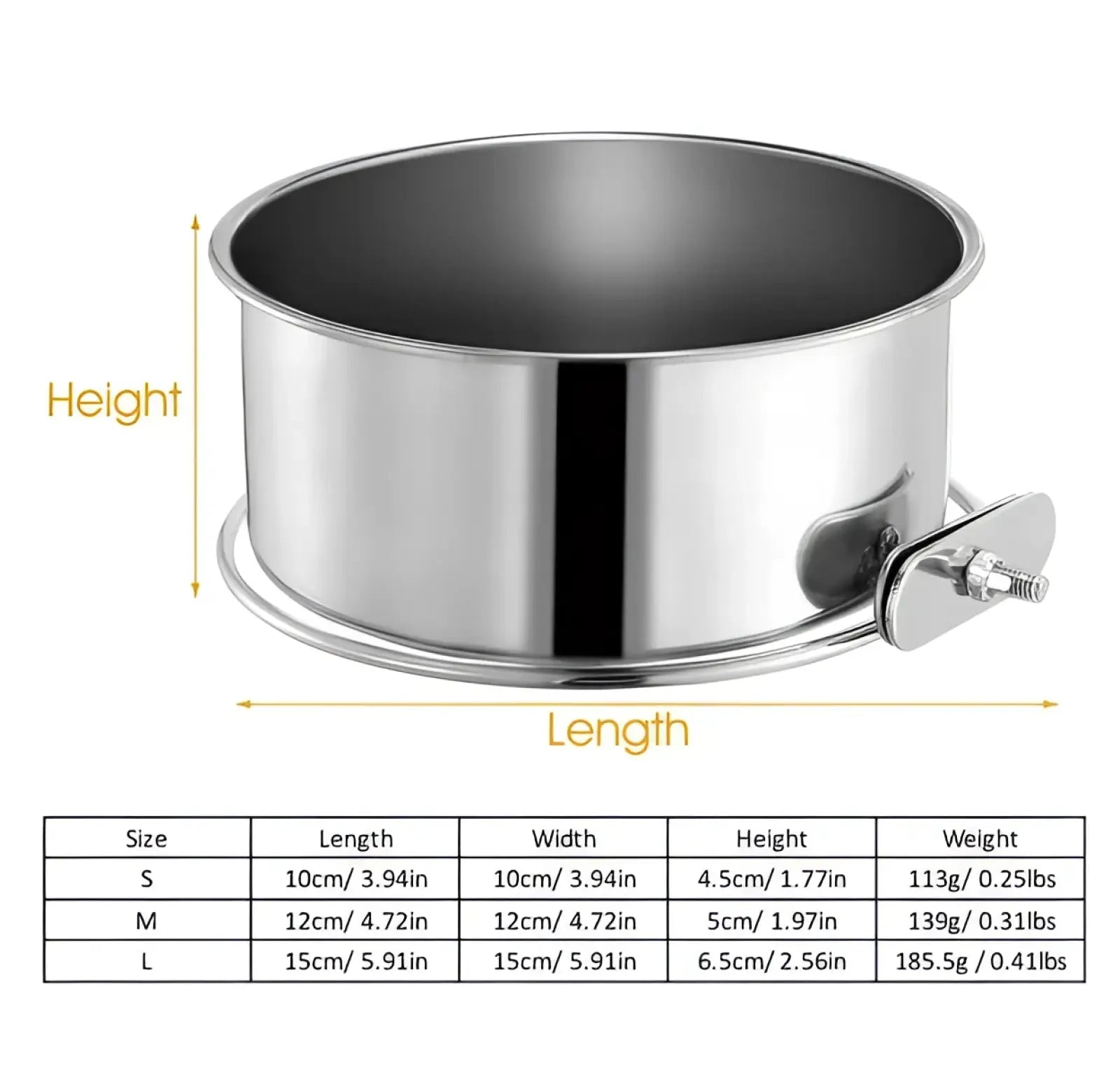Stainless steel crate dog bowl with smooth reflective surface and side-mounted clamping mechanism for hanging