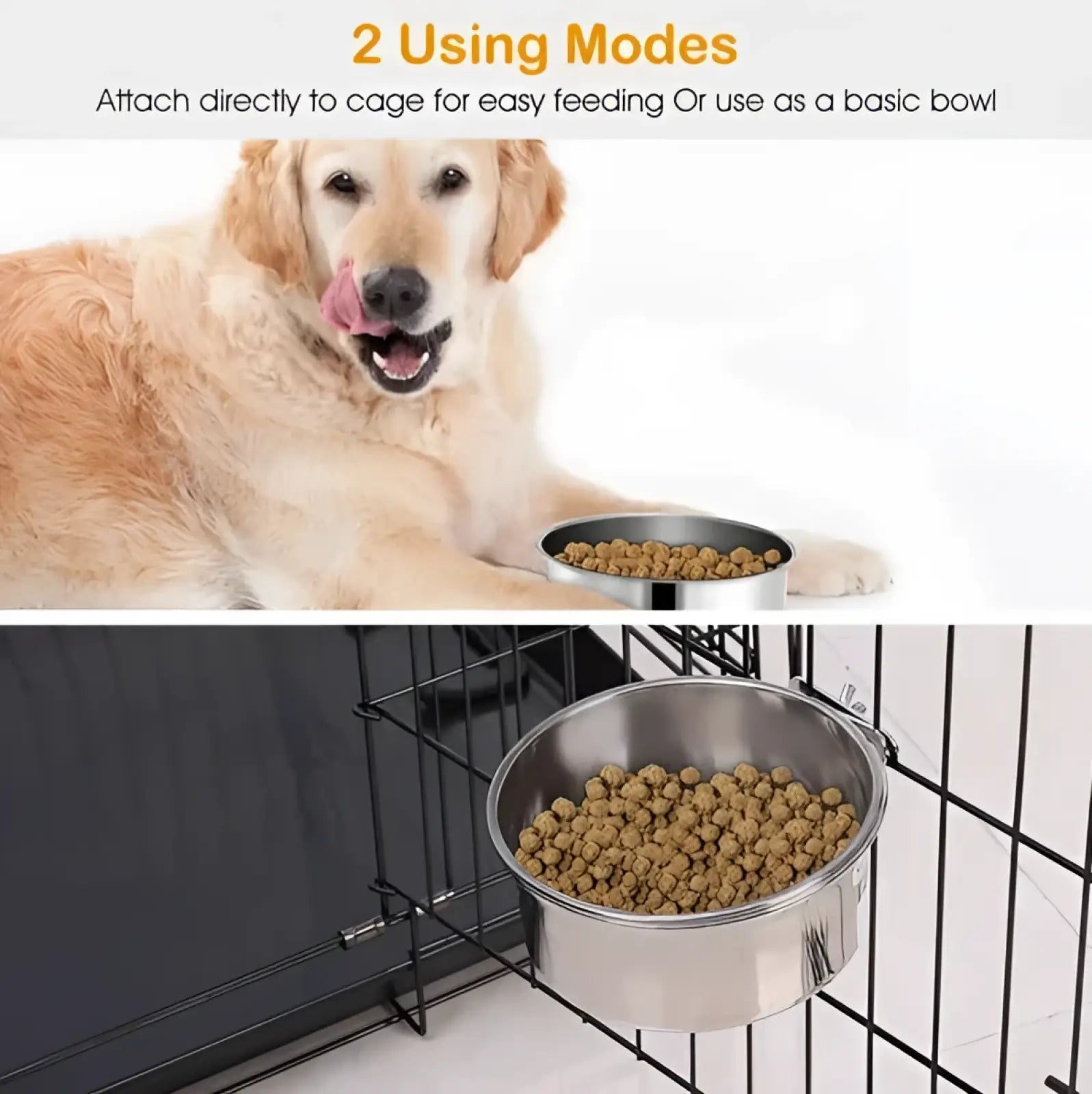 Stainless steel crate dog bowl with sleek reflective surface and secure clip for easy cage attachment