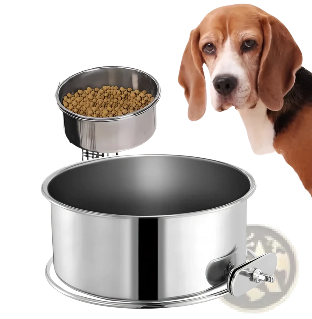 Stainless steel crate dog bowl with secure clamping mechanism and hanging hook for easy attachment to pet cages