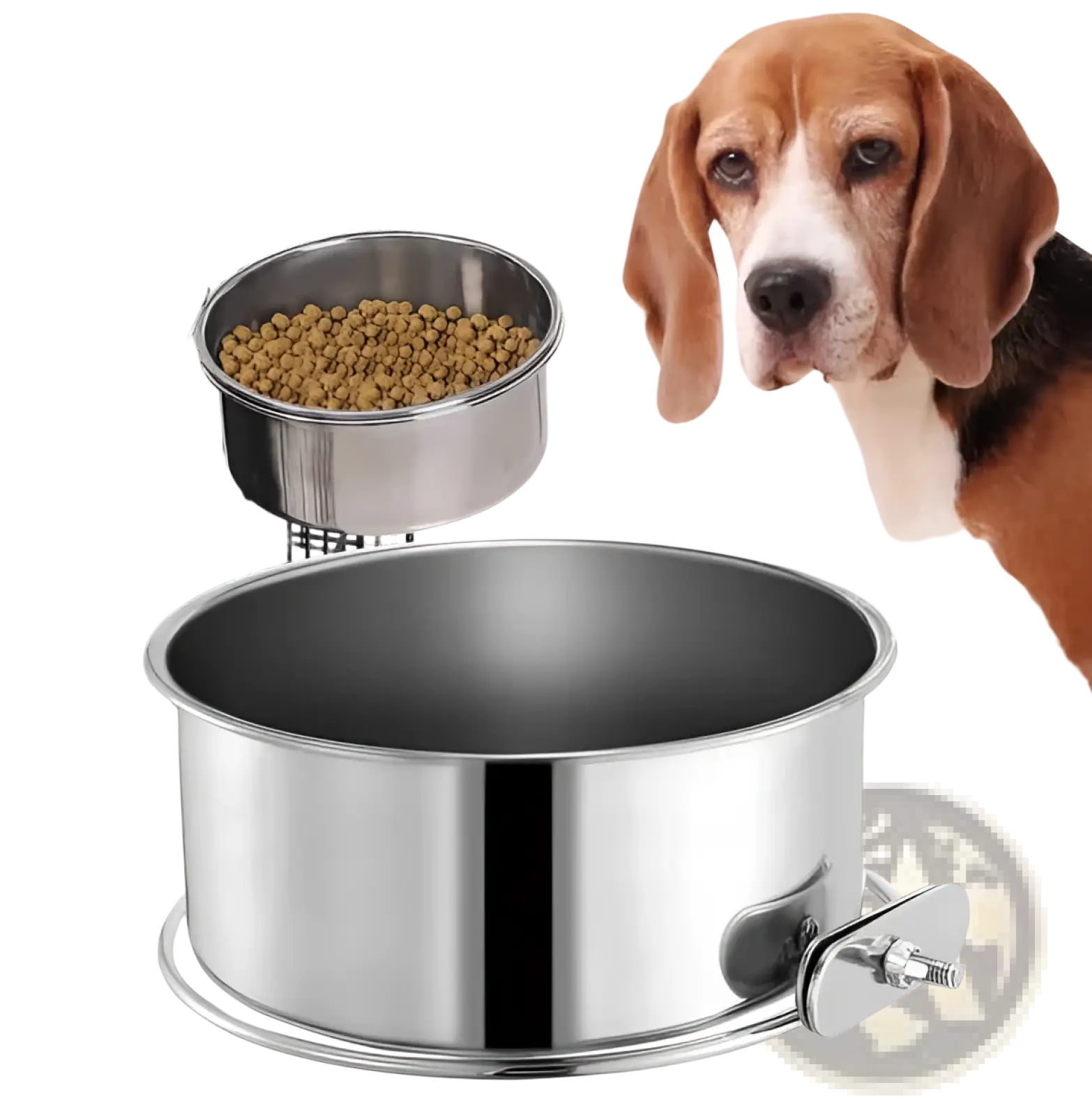 Stainless steel crate dog bowl with secure clamping mechanism and hanging hook for easy attachment to pet cages