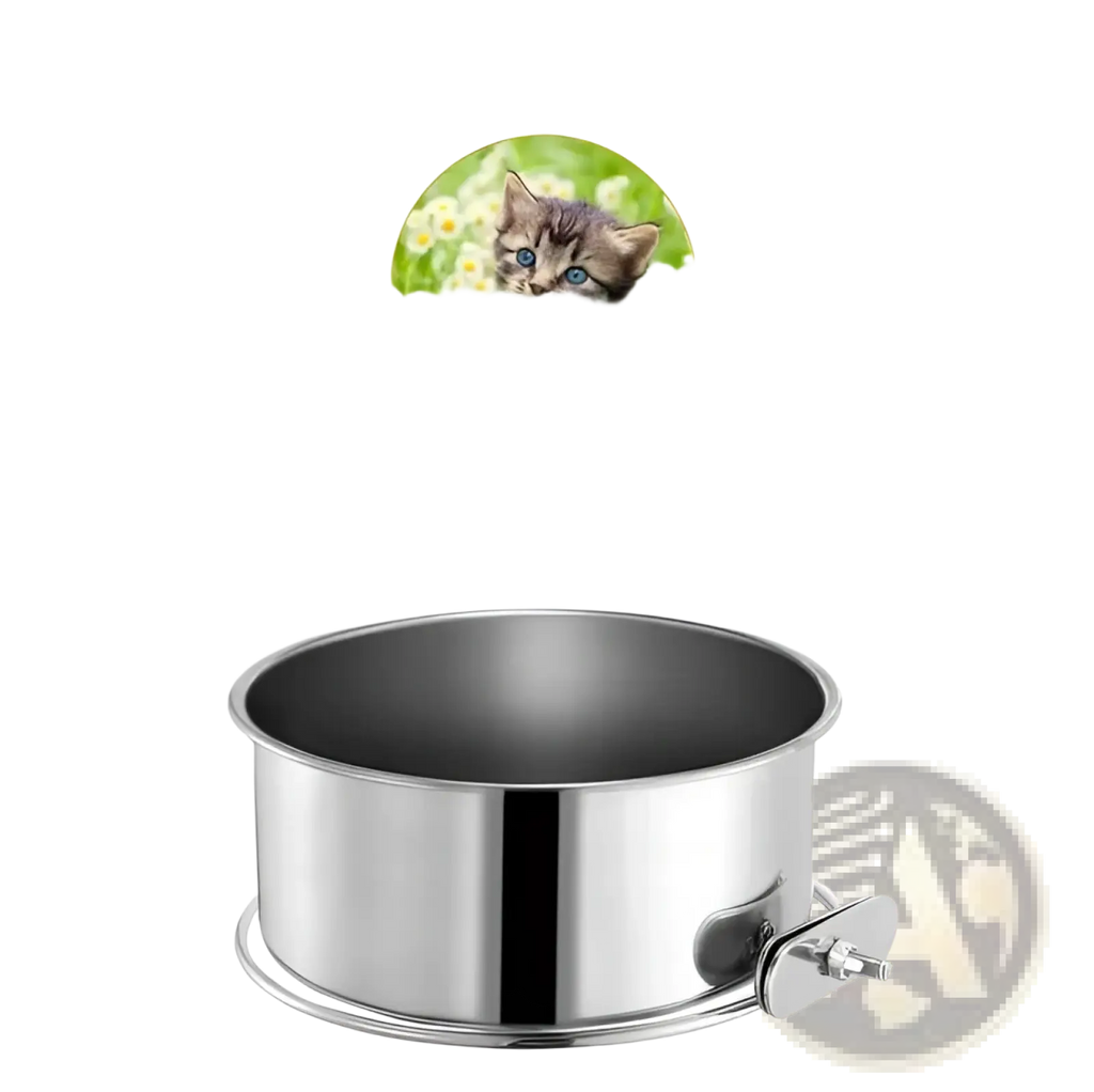Stainless steel crate dog bowl hanging pet food dish with sleek reflective finish and adjustable side clamp bird feeder