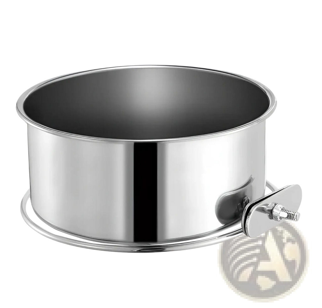 Shiny stainless steel springform cake pan with a side clamping mechanism for secure baking release