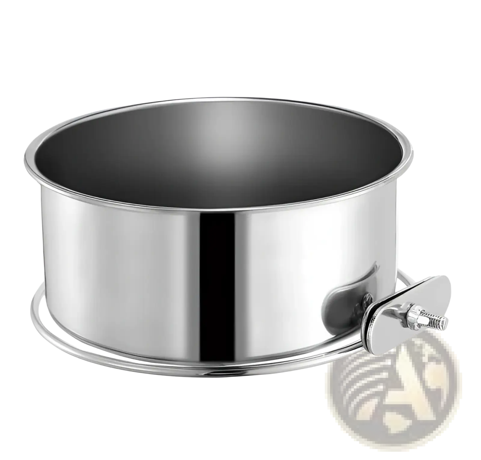 Shiny stainless steel springform cake pan with a side clamping mechanism for secure baking release