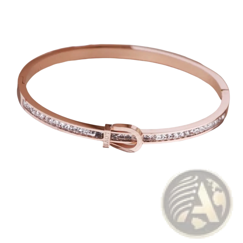 Rose gold stainless steel crystal bangle bracelet with sleek band, sparkling stones, and elegant buckle closure