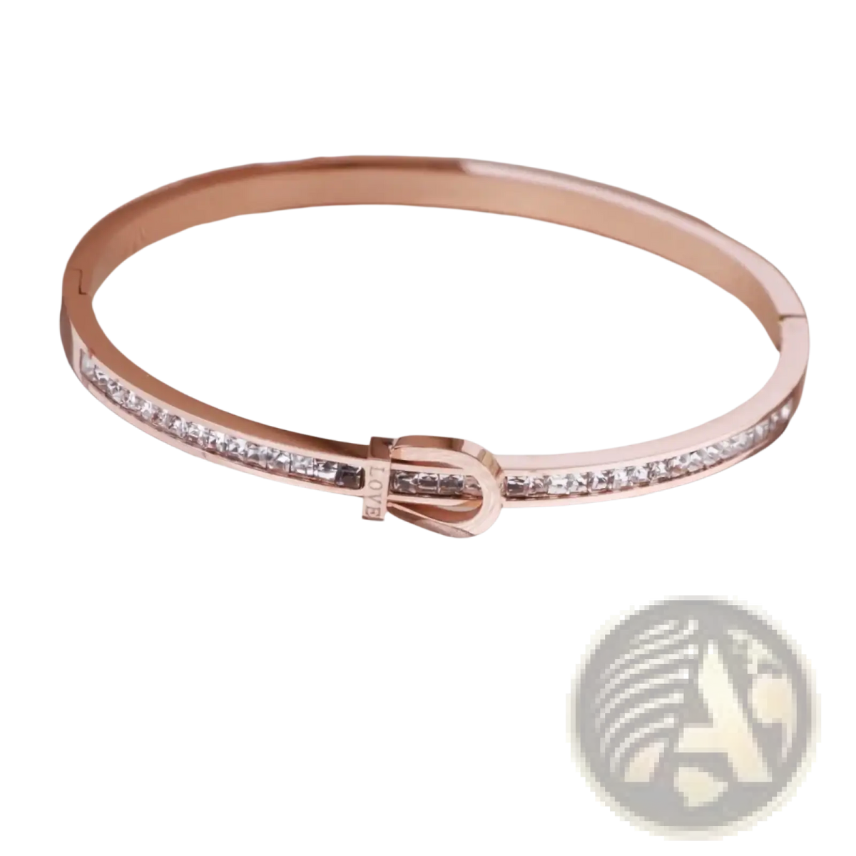 Rose gold stainless steel crystal bangle bracelet with sleek band, sparkling stones, and elegant buckle closure