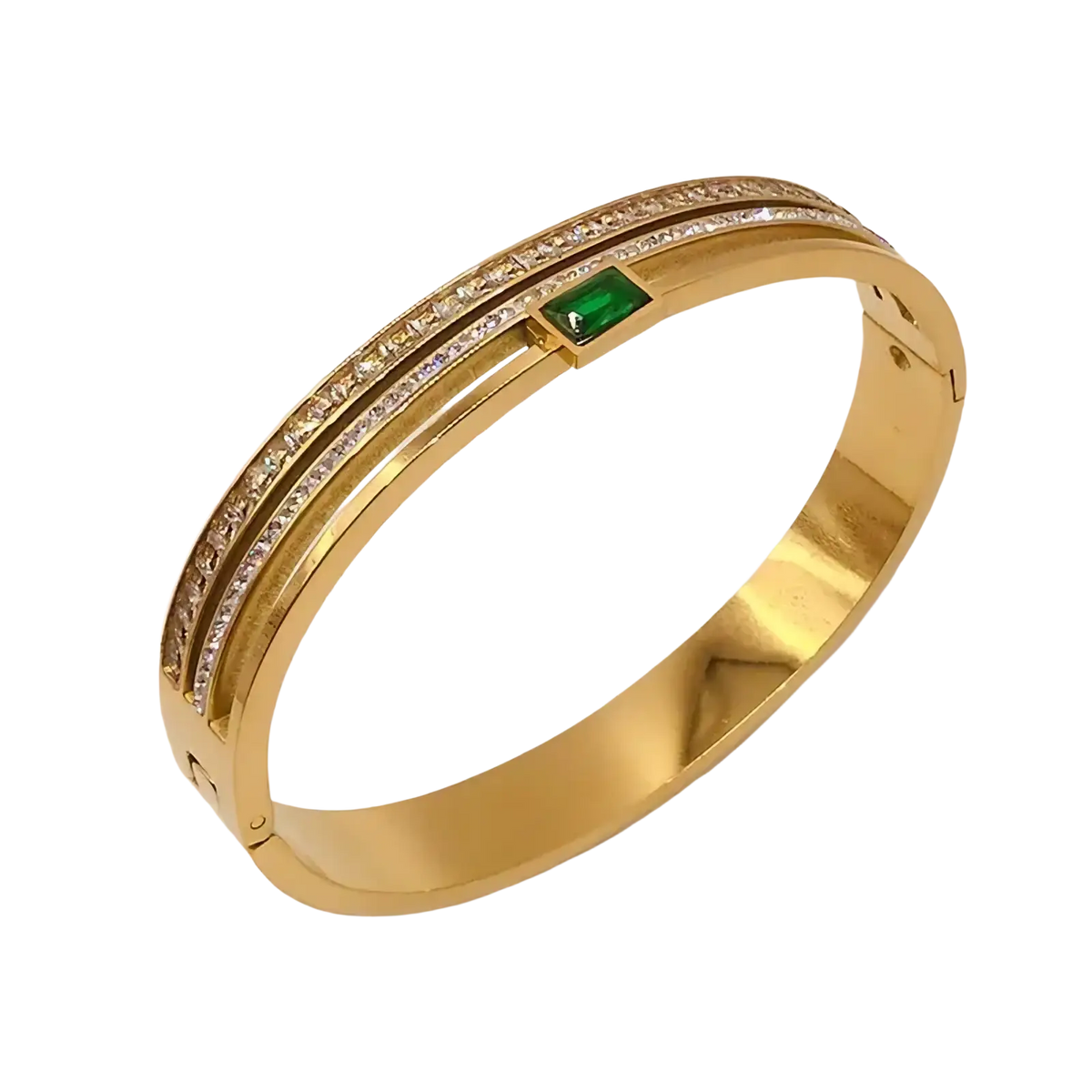 Gold stainless steel bangle bracelet set featuring two rows of sparkling diamonds and a central emerald accent