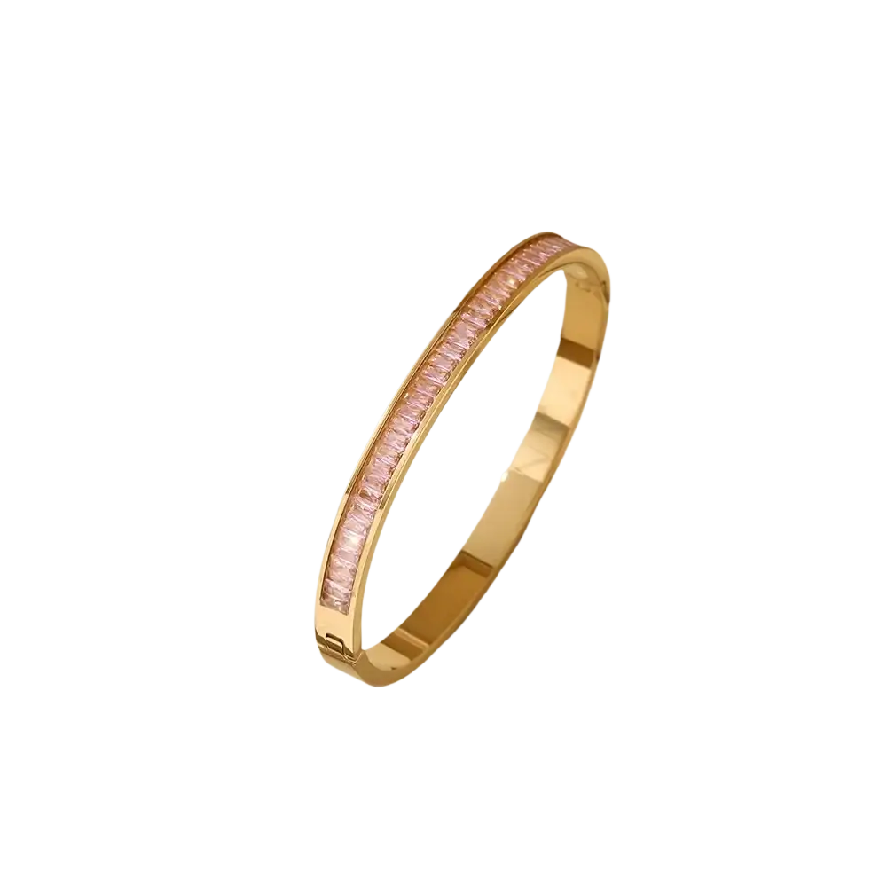 Gold-toned stainless steel bangle bracelet set adorned with pink rectangular-cut crystal stones