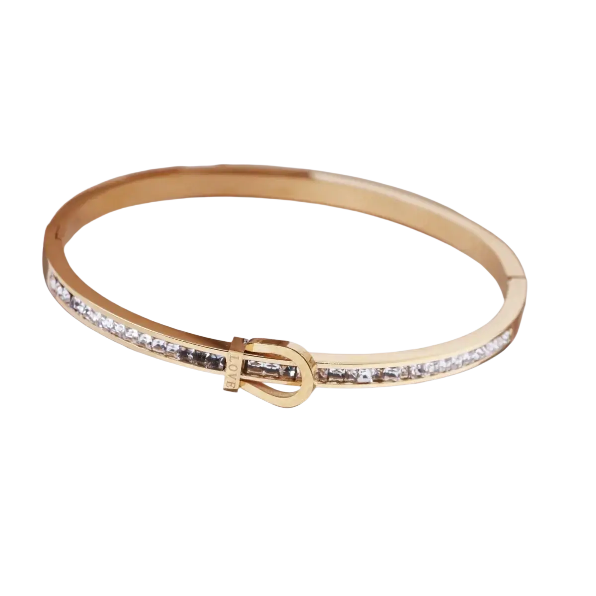 Gold-toned stainless steel crystal bangle bracelet with clear crystals and an elegant buckle closure in modern design