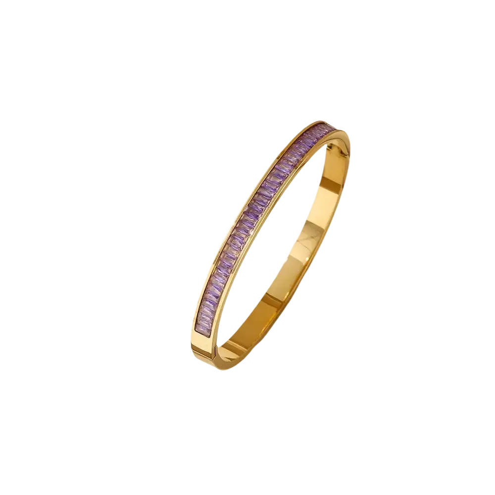 Gold-toned stainless steel crystal bangle bracelet adorned with vibrant purple rectangular stones