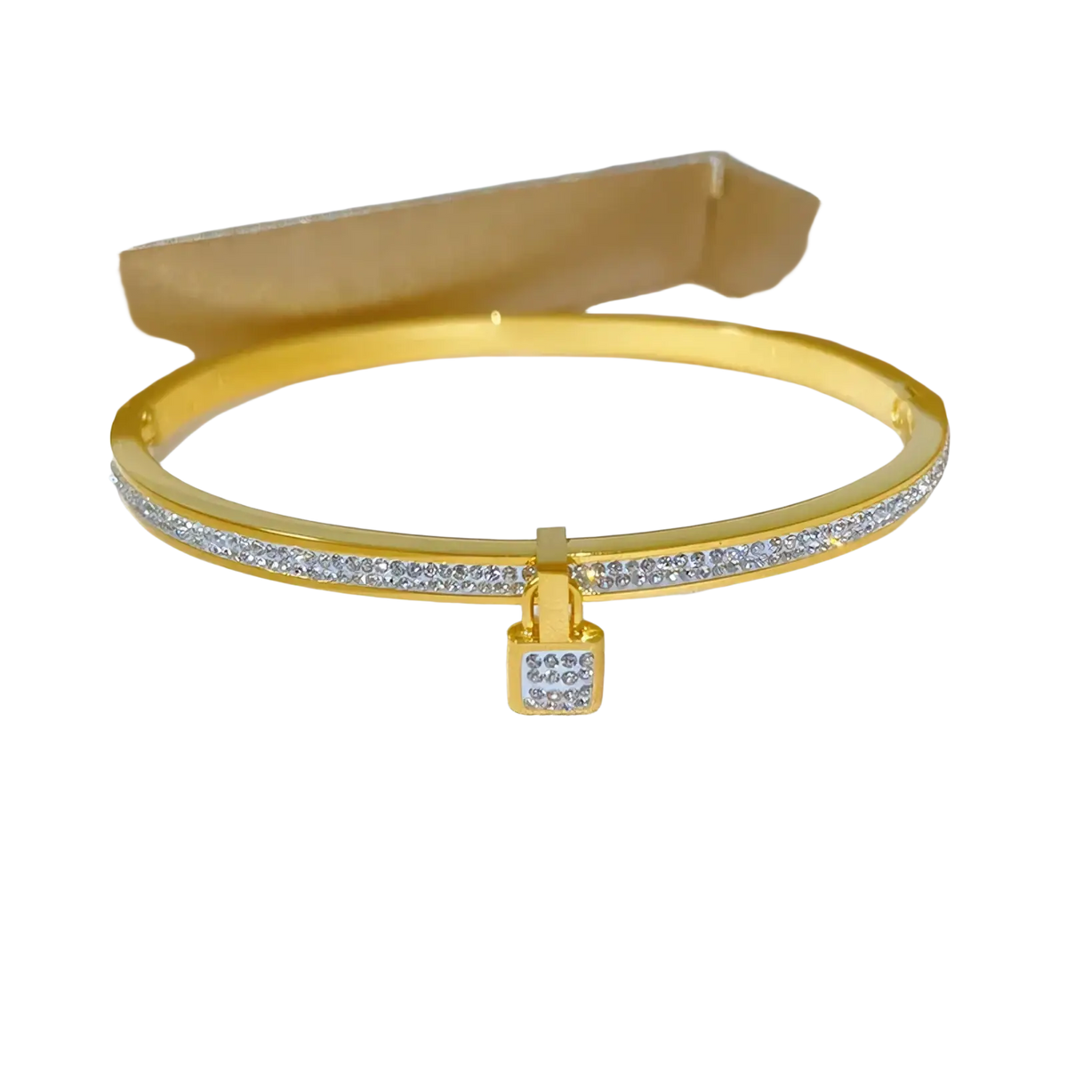 Gold-toned stainless steel bangle bracelet set with clear crystals and a matching crystal-encrusted padlock charm