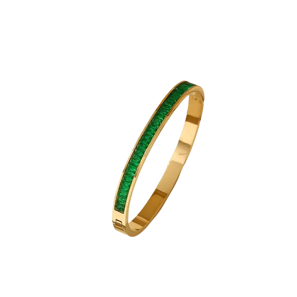 Gold-toned stainless steel bangle bracelet set with vibrant emerald green rectangular crystal stones