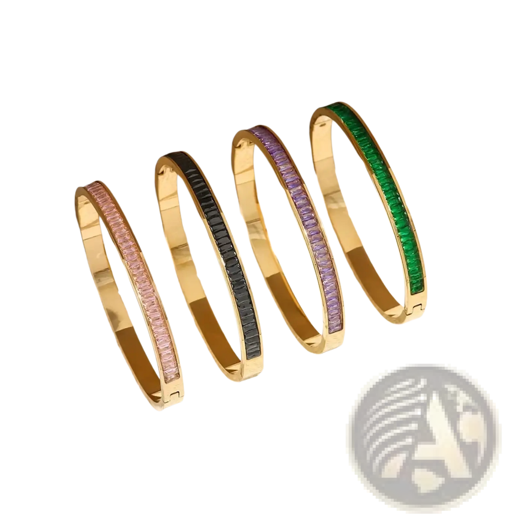 Gold-toned stainless steel crystal bangle bracelet set with vibrant pink black purple and green rectangular gemstones