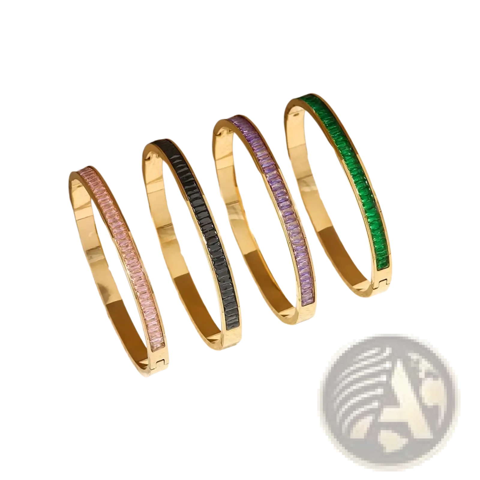 Gold-toned stainless steel crystal bangle bracelet set with vibrant pink black purple and green rectangular gemstones