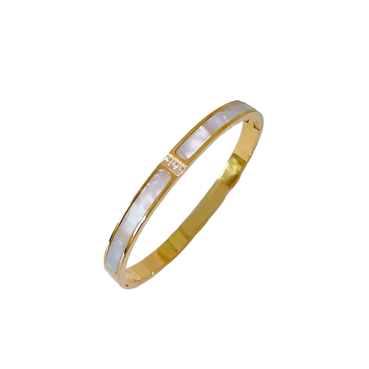 Gold-toned stainless steel crystal bangle bracelet set with polished band, mother-of-pearl inlays, and clear crystals