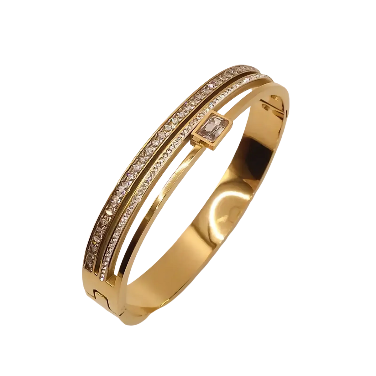 Gold-toned stainless steel bangle bracelet set featuring two parallel bands with clear crystal accents and a square-cut crystal