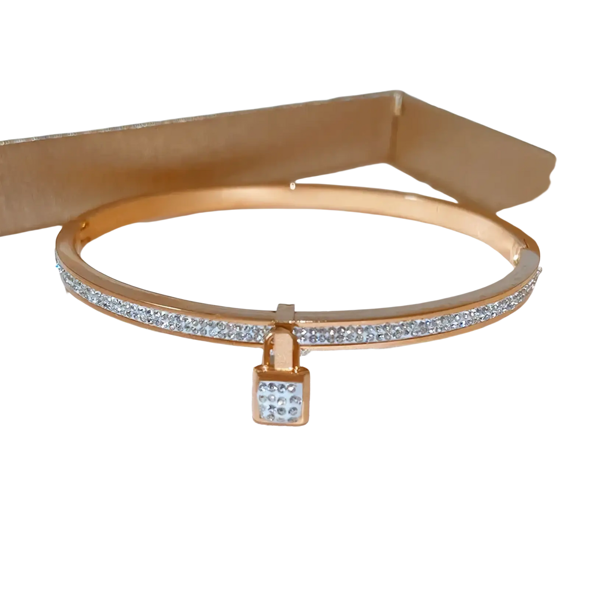 Rose gold stainless steel crystal bangle bracelet set with clear crystals and matching crystal-encrusted lock charm