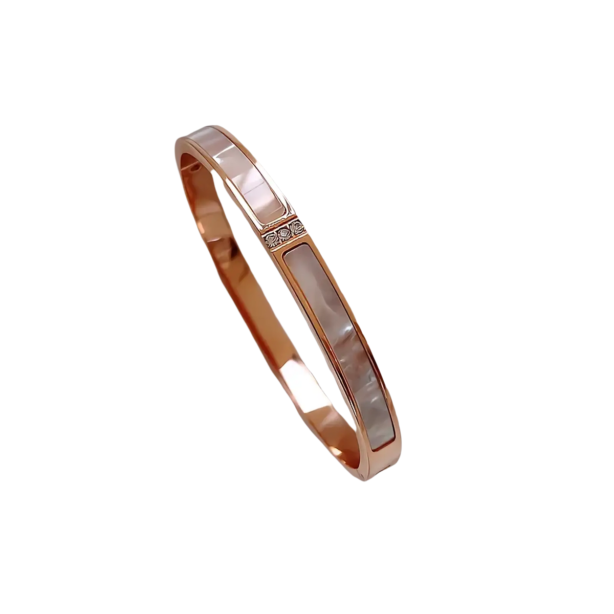 Rose gold stainless steel crystal bangle bracelet with rectangular mother-of-pearl inlays and a diamond center row