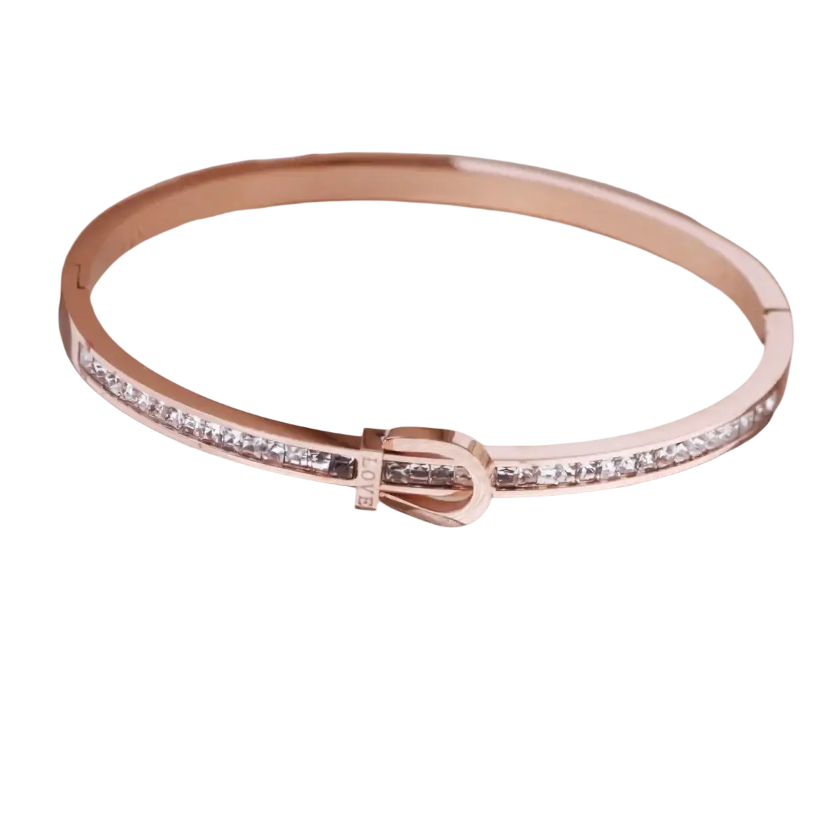 Rose gold stainless steel crystal bangle bracelet with sleek band, sparkling stones, and elegant buckle closure