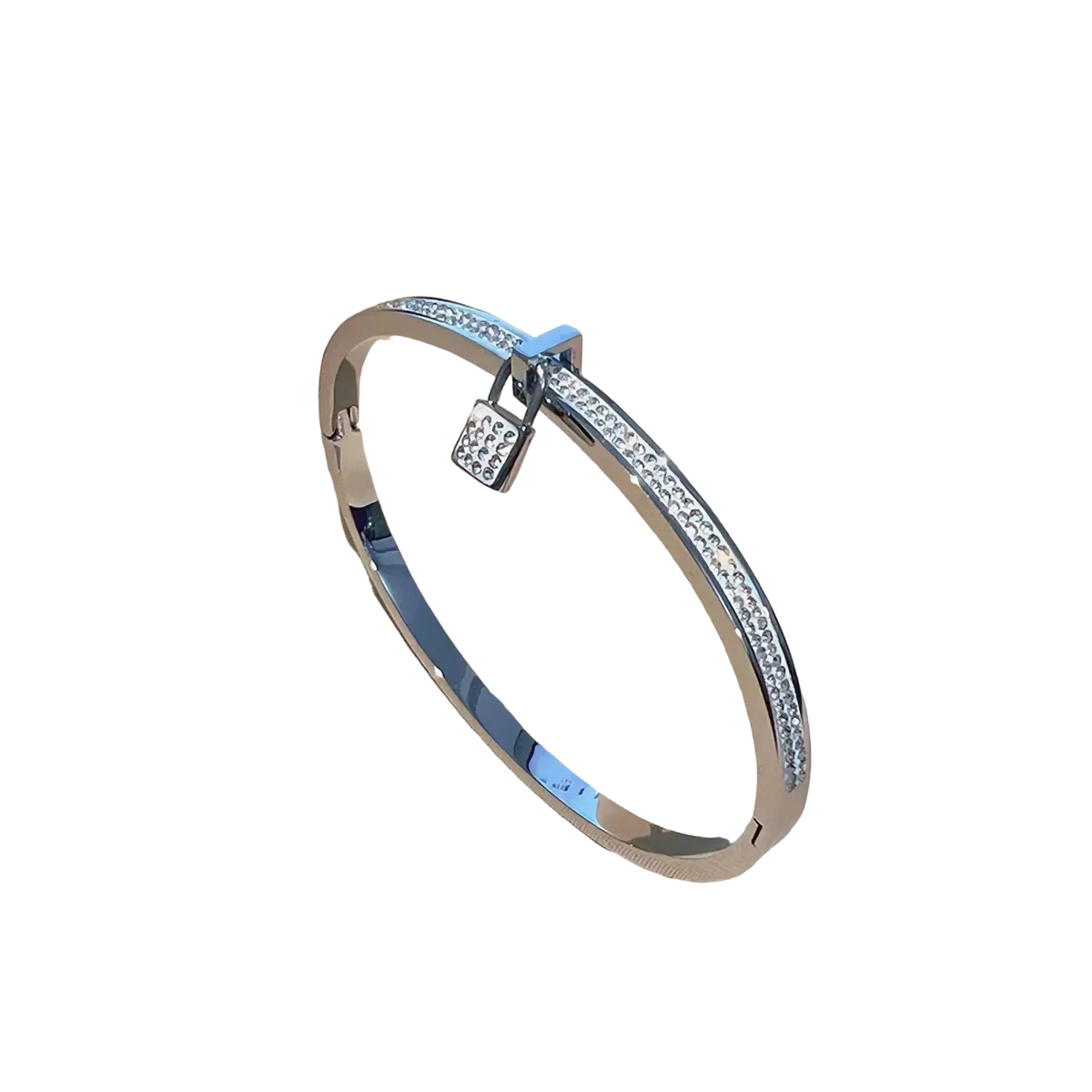 Silver stainless steel crystal bangle bracelet set featuring clear crystals and a lock-shaped clasp