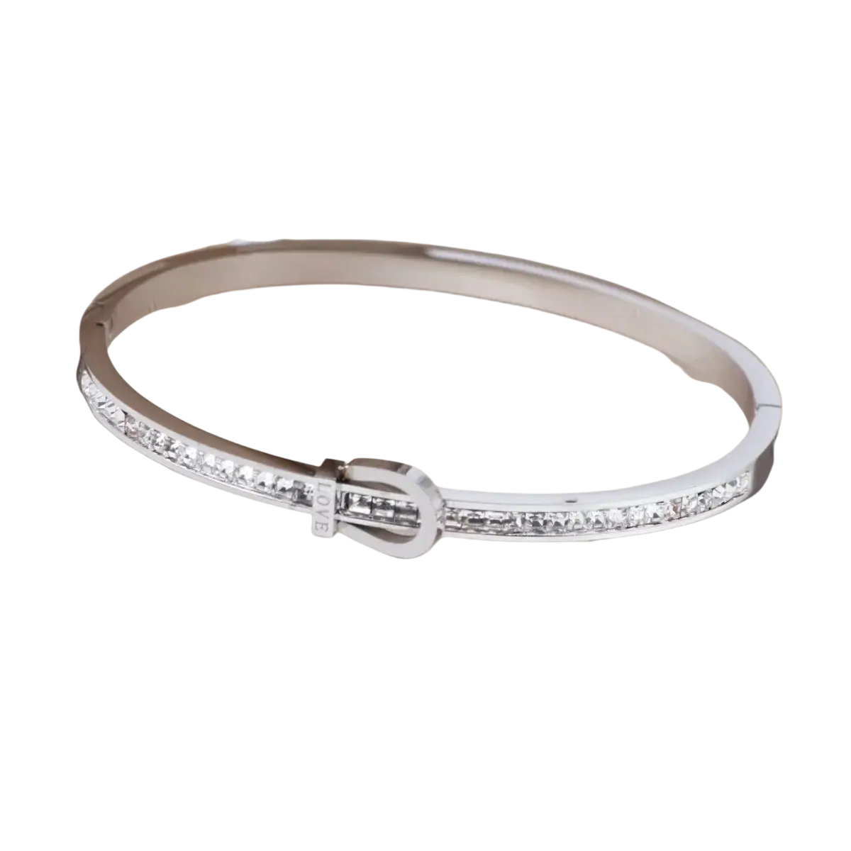 Silver stainless steel crystal bangle bracelet with polished finish and clear baguette-cut stones along inner edge
