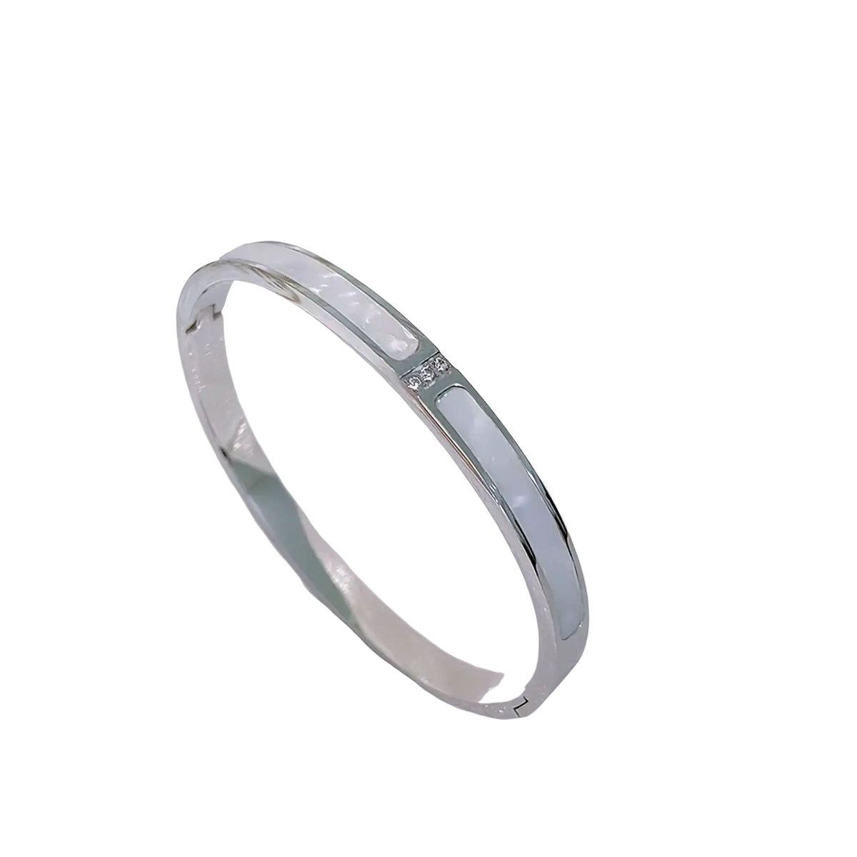 Silver-toned stainless steel bangle bracelet with inlaid white opal band and clear crystal cluster clasp