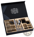 Black matte-finish stainless steel 24 piece cutlery set in a sleek black gift box with mirror finish accents