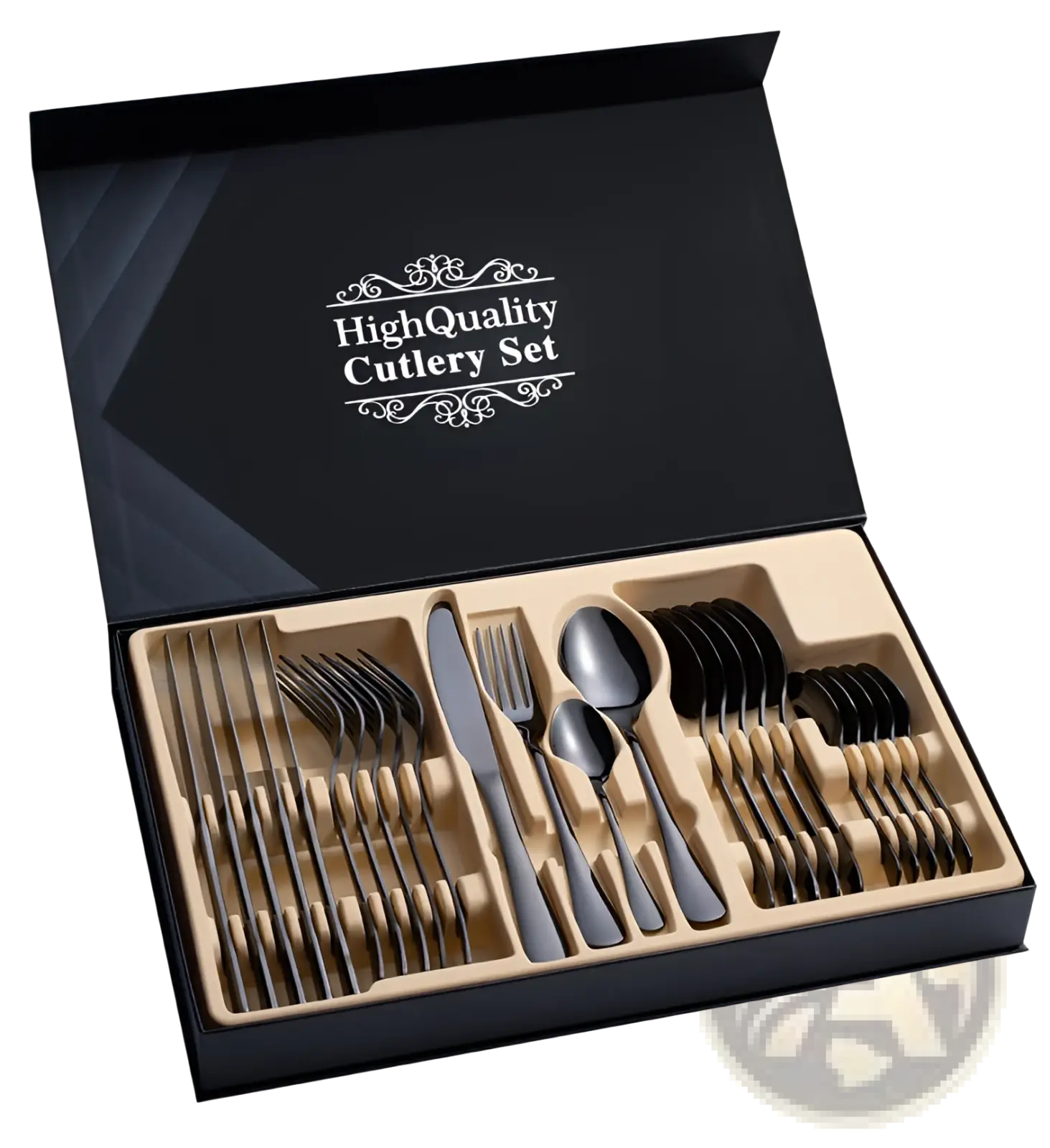 Black matte-finish stainless steel 24 piece cutlery set in a sleek black gift box with mirror finish accents