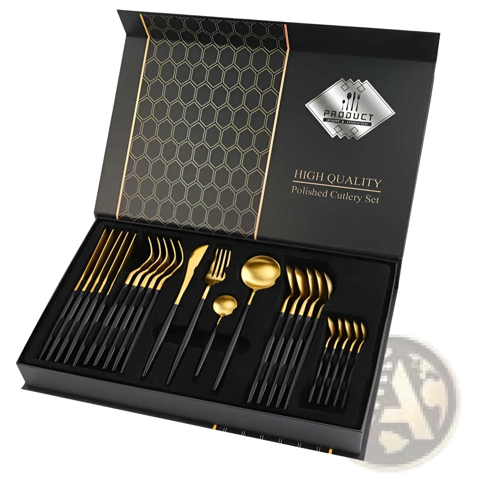 Elegant black and gold stainless steel cutlery set 24 piece polished luxury gift box for formal dining
