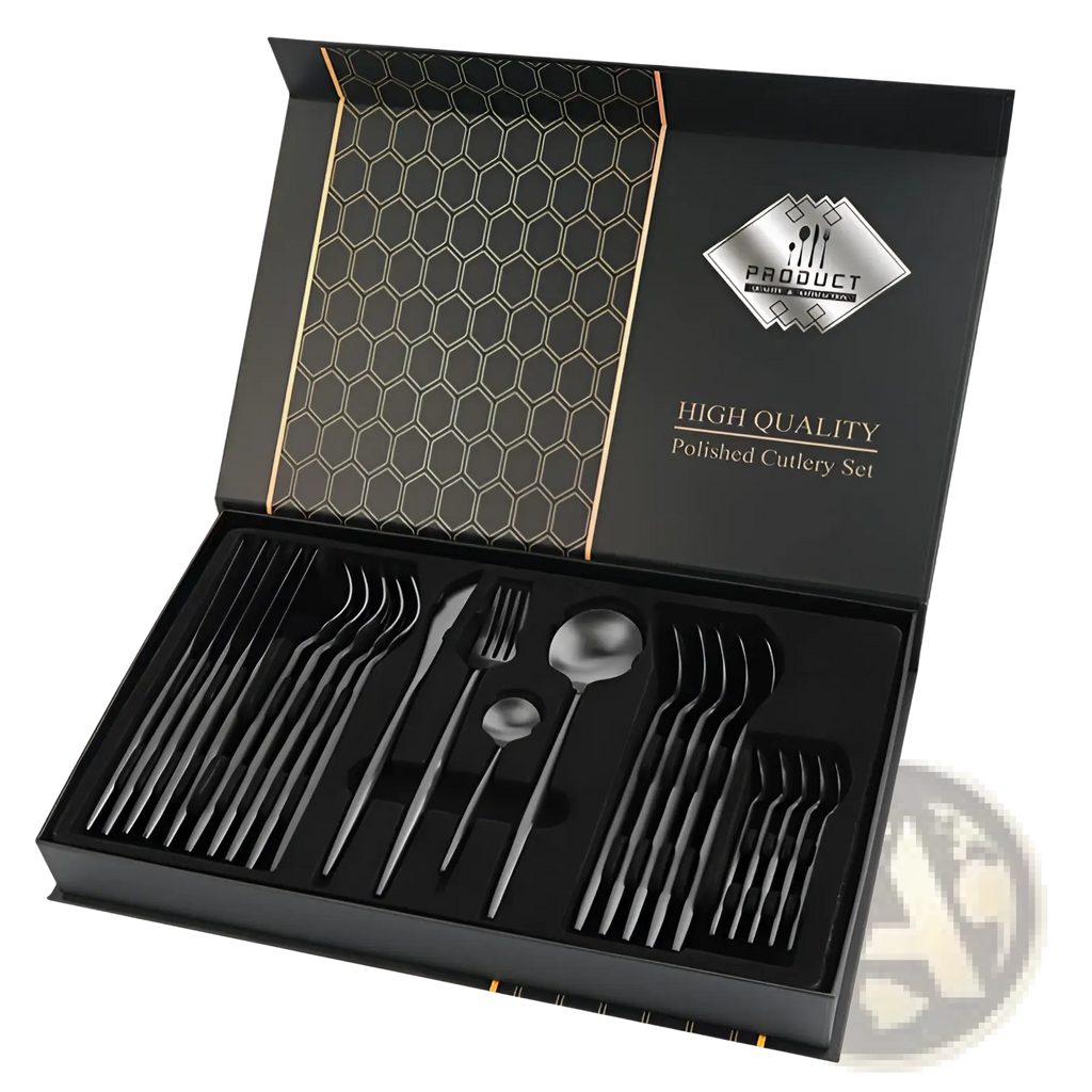 Elegant black polished stainless steel cutlery set in a sleek honeycomb-patterned 24 piece luxury gift box