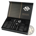 Elegant black polished stainless steel cutlery set in a sleek honeycomb-patterned 24 piece luxury gift box