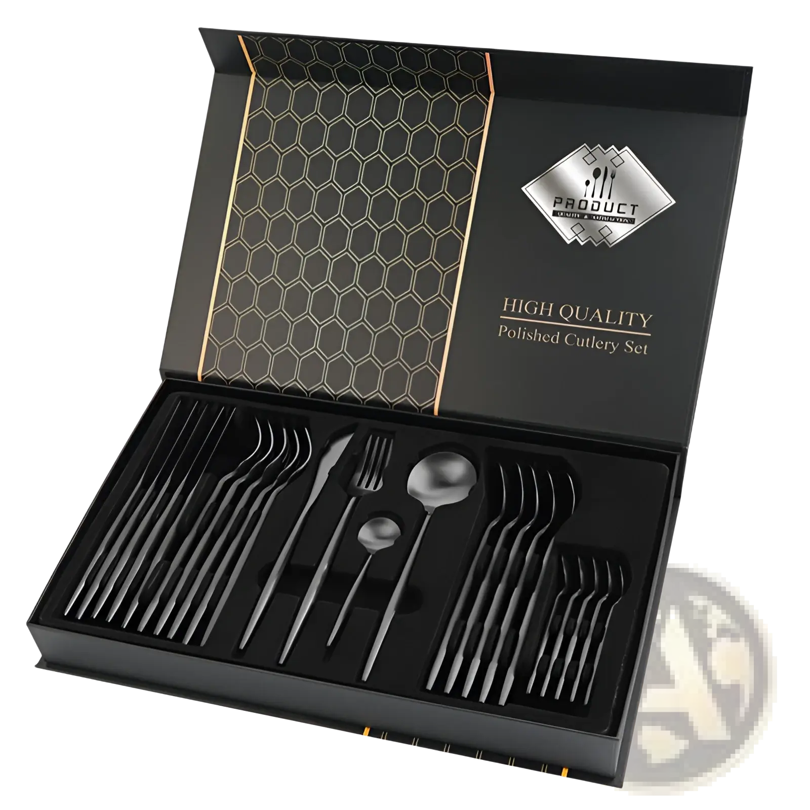 Elegant black polished stainless steel cutlery set in a sleek honeycomb-patterned 24 piece luxury gift box