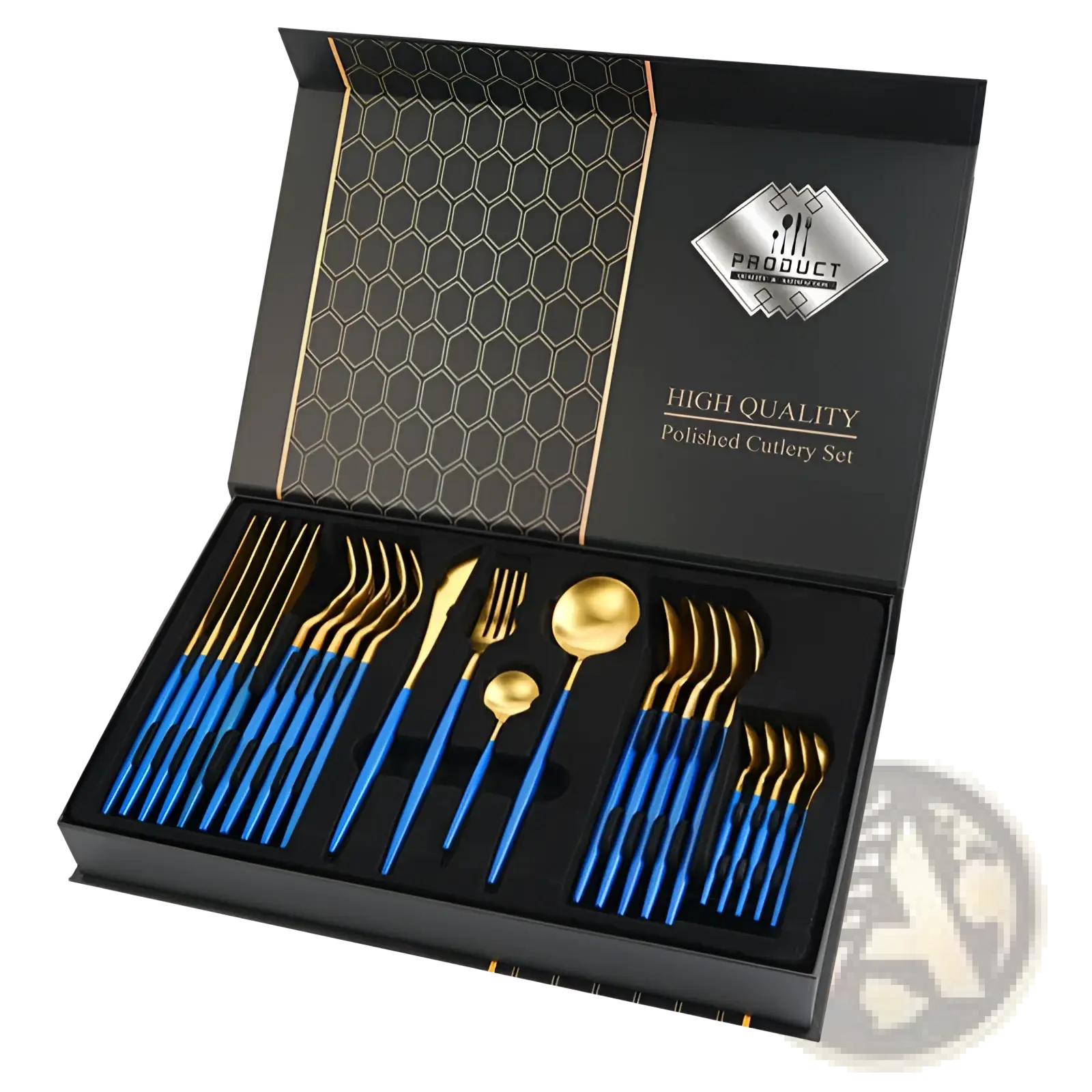 Elegant 24-piece stainless steel cutlery set with gold-tipped vibrant blue handles in a sleek black gift box