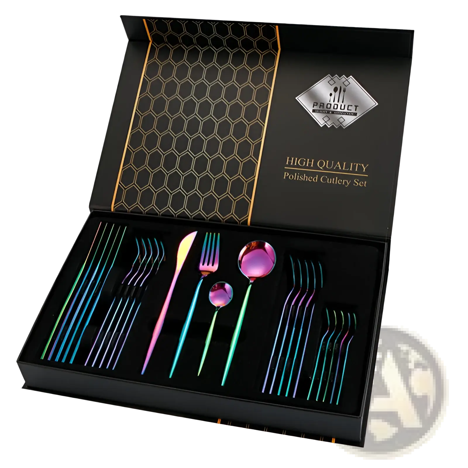 Stainless steel cutlery set 24 piece luxury gift box with rainbow iridescent polished finish in black box