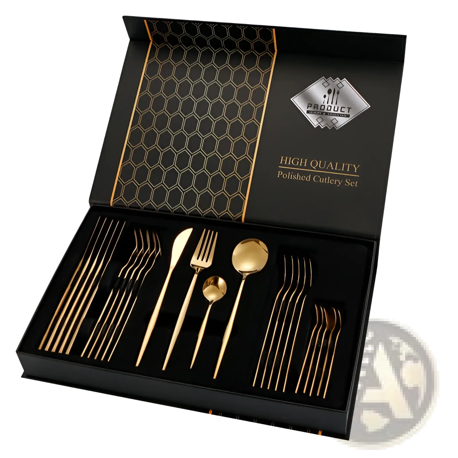 Elegant gold-plated stainless steel cutlery set 24 piece in a black gift box with honeycomb pattern lining