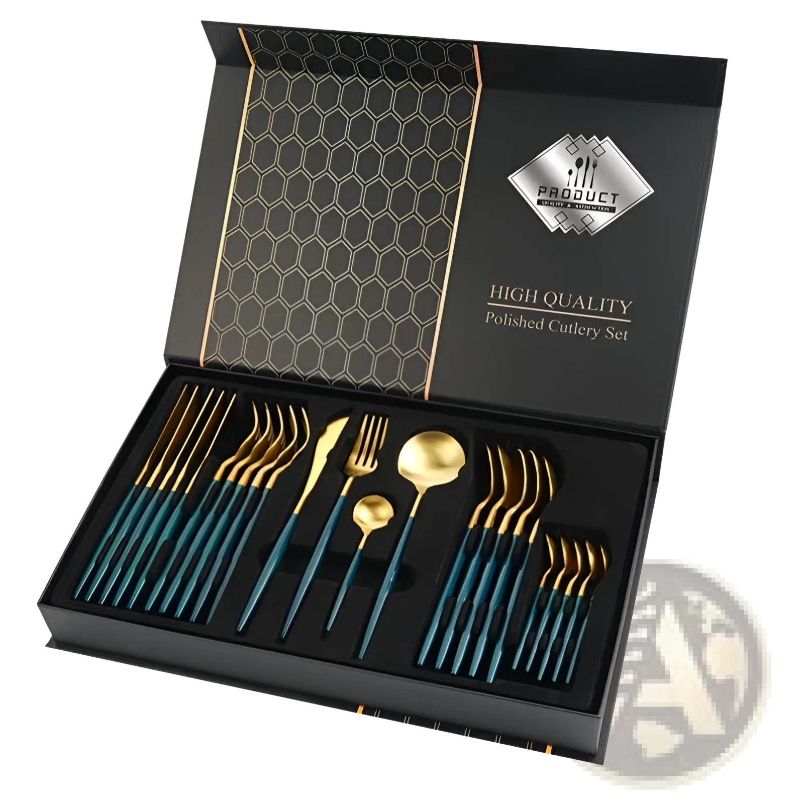 Elegant stainless steel cutlery set with gold-tipped blades and teal handles in a black hexagonal-patterned luxury box