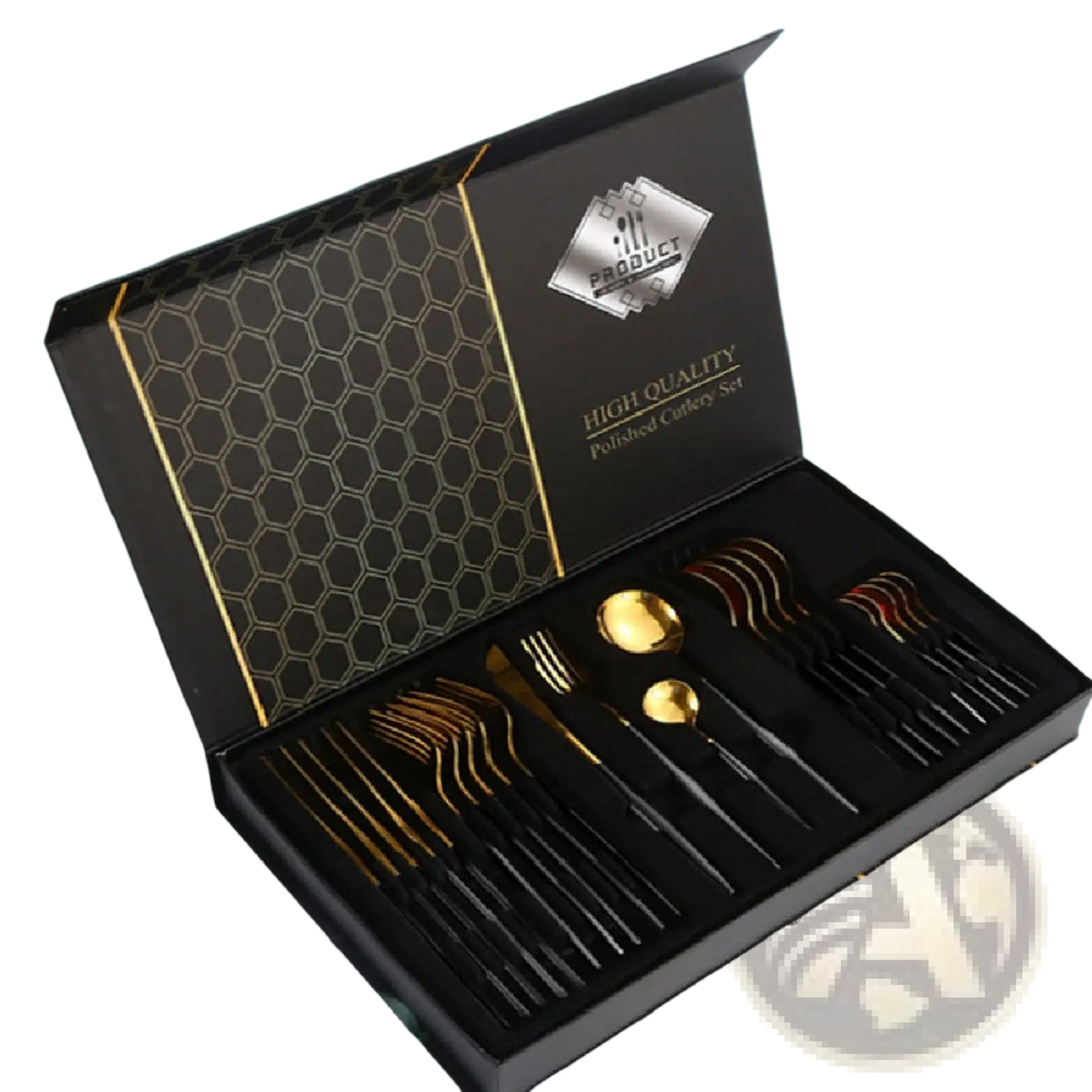 Elegant black and gold stainless steel 24 piece cutlery set polished and presented in a sleek honeycomb gift box