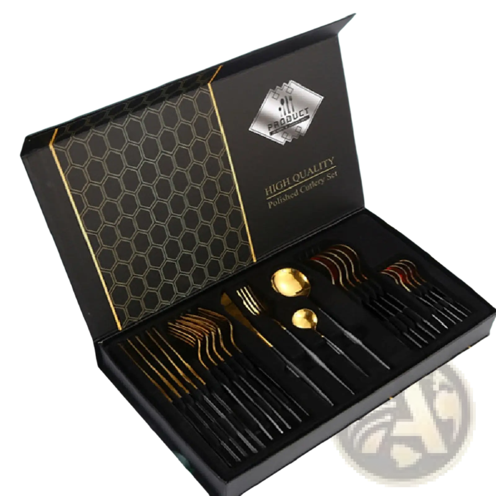 Elegant black and gold stainless steel 24 piece cutlery set polished and presented in a sleek honeycomb gift box