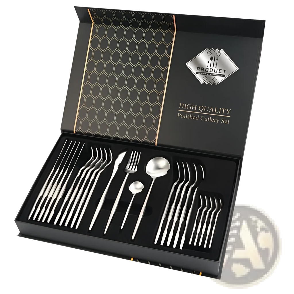 Polished silver stainless steel cutlery set 24 piece in a sleek black box with gold-trimmed hexagonal pattern