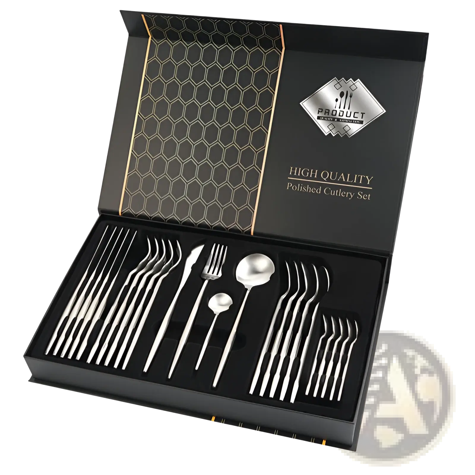 Polished silver stainless steel cutlery set 24 piece in a sleek black box with gold-trimmed hexagonal pattern