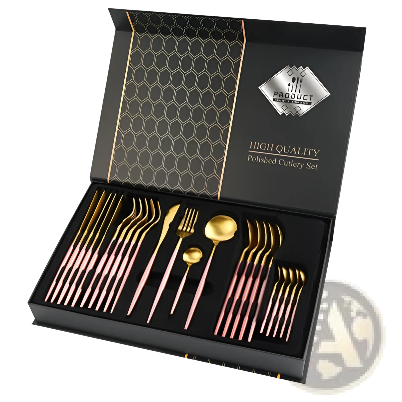 Elegant two-tone gold and rose gold stainless steel cutlery set 24 piece luxury gift box with a sleek black case